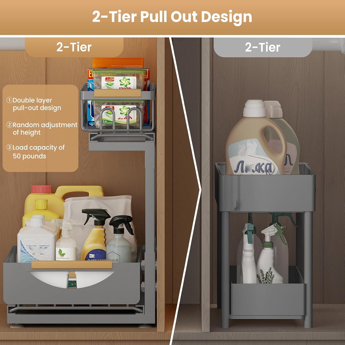 Under Sink Organizer and Storage for Bathroom and Kitchen - 2 Pack 3 Tier Under Cabinet Pull Out Shelf Organizers - Slide Out Drawer Organization for Home Cabinets Shelves and Drawers