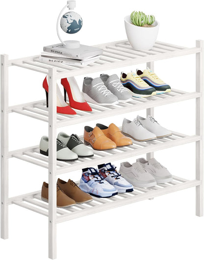 4 Tier Bamboo Shoe Rack Storage Organizer for Closet, Multifunctional Stackable Free Standing Shoe Shelf Organizer for Small Space,Entryway, Hallway, Bathroom27 x11 x26(White, 4 Tier)
