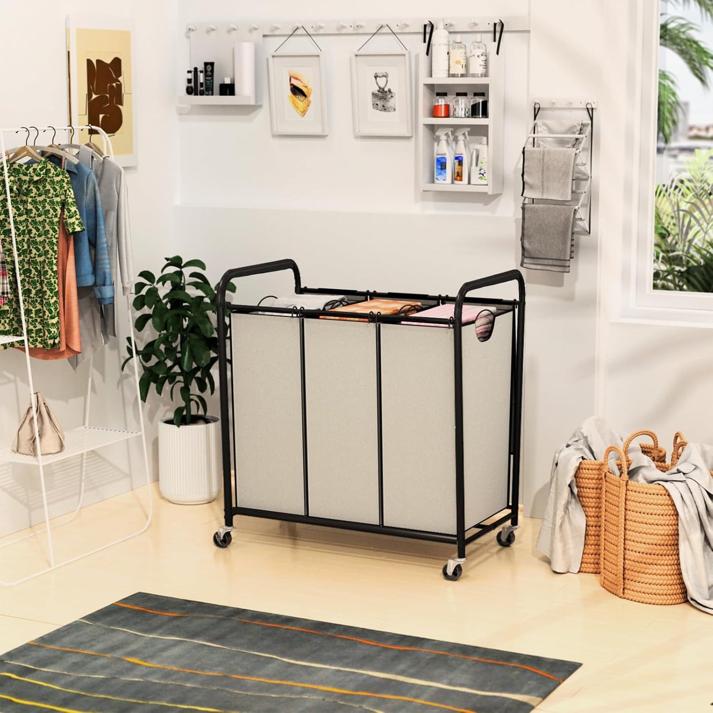 180L (47.55 Gal) Laundry Sorter 3 Section, Rolling Laundry Basket with Lockable Wheels and Lid, Laundry Hamper with 3 Separated Removable Bags Dirty Clothes Hamper for Laundry Room Organizer, Black