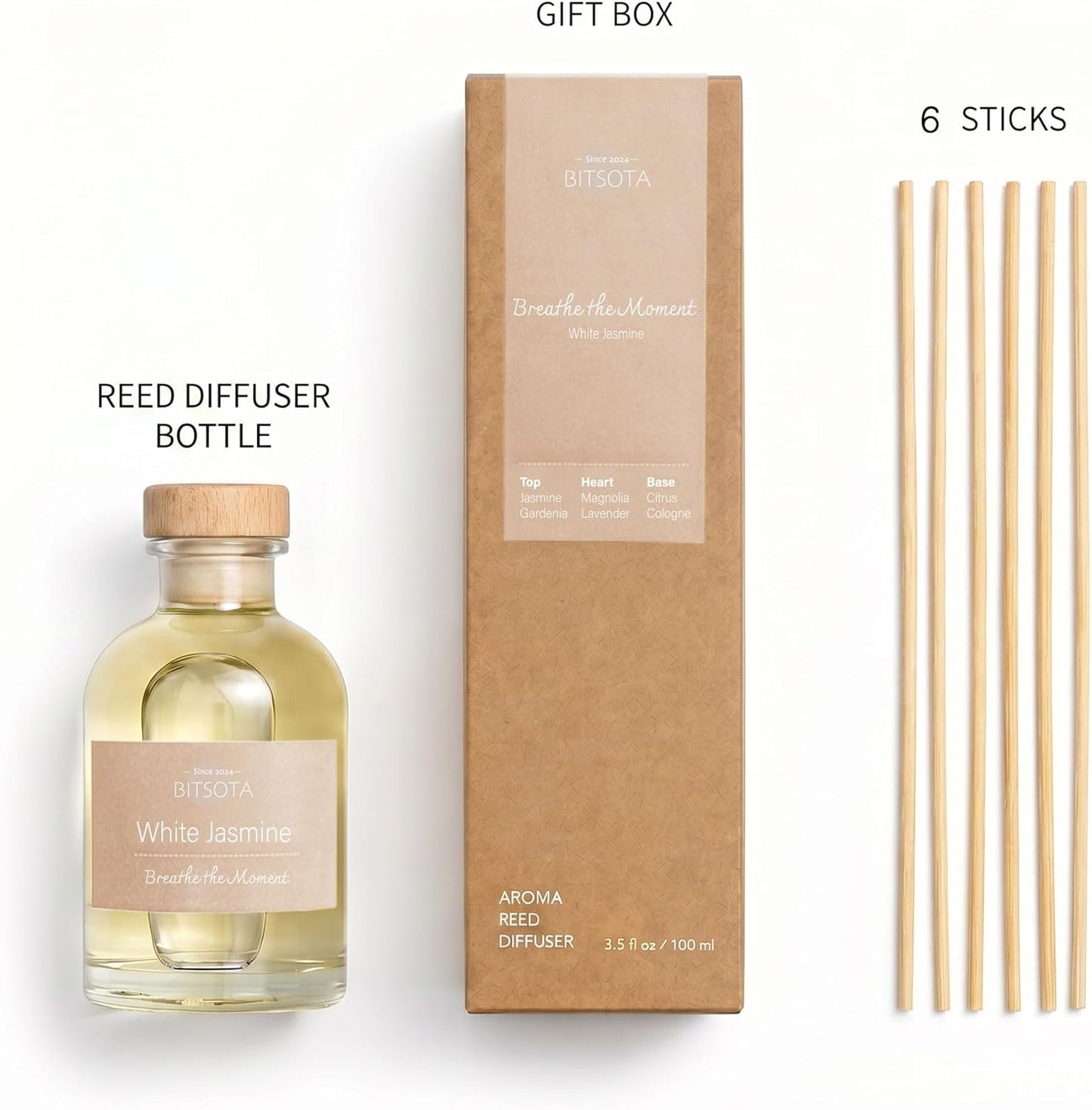Natural Reed Diffuser Set, Fresh Lemon 3.52 oz (100ml) Scented Diffuser with Sticks Home Fragrance Reed Diffuser for Bathroom Shelf Decor, Ideal Gift for Woman