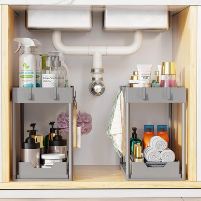 Simple Trending Under Sink Organizer 2 Pack, Sink Pull-Out Sliding Storage Cabinet, 2-Tier Under Shelf Organizer for Kitchen Bathroom, Black