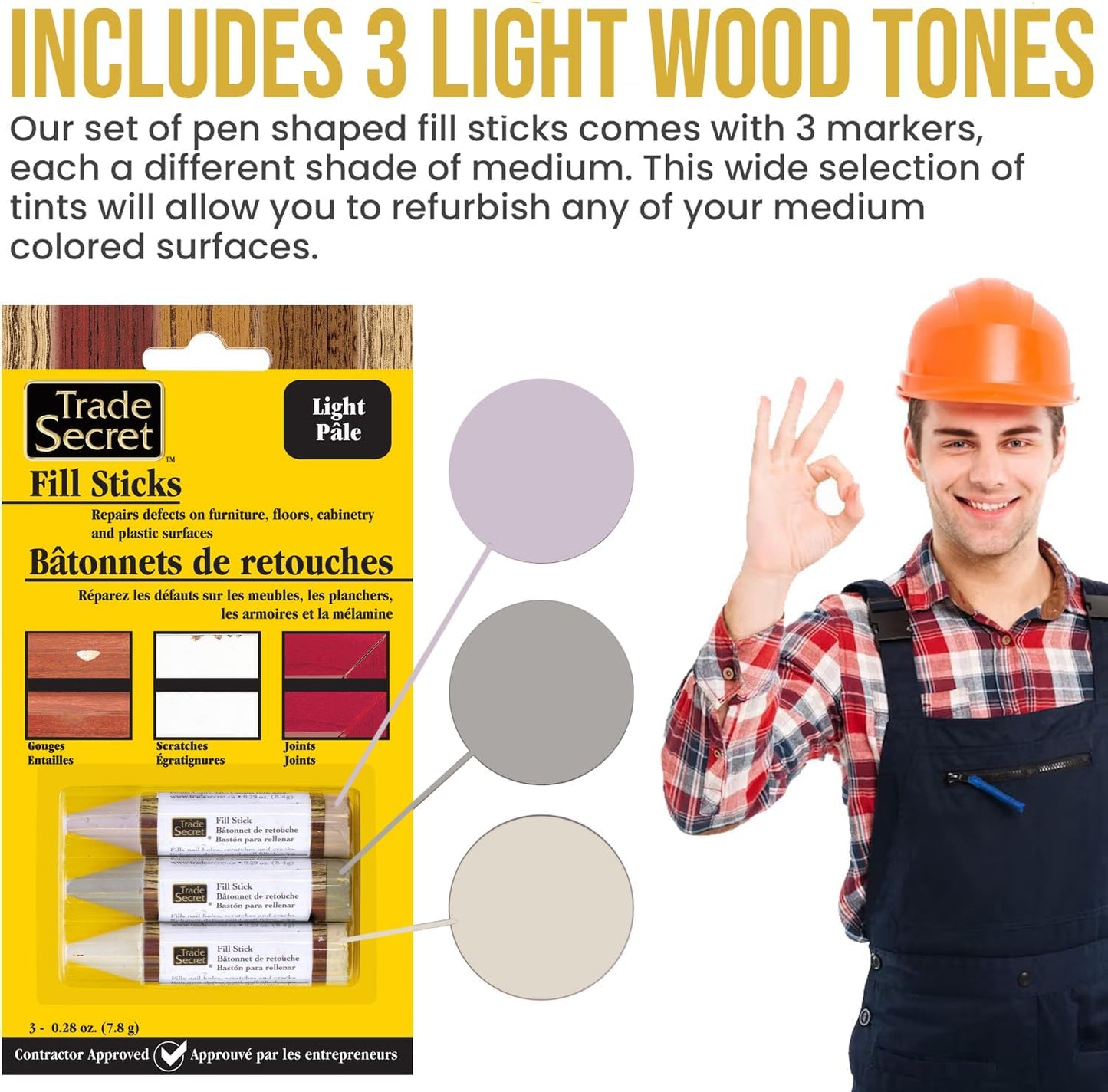 Wood Scratch Repair Fill Stick for Light Surfaces (Set of 3), Great for Touch-Ups and Repairs on Hardwoods Floors, Furniture, Cabinets and Plastic Surfaces.