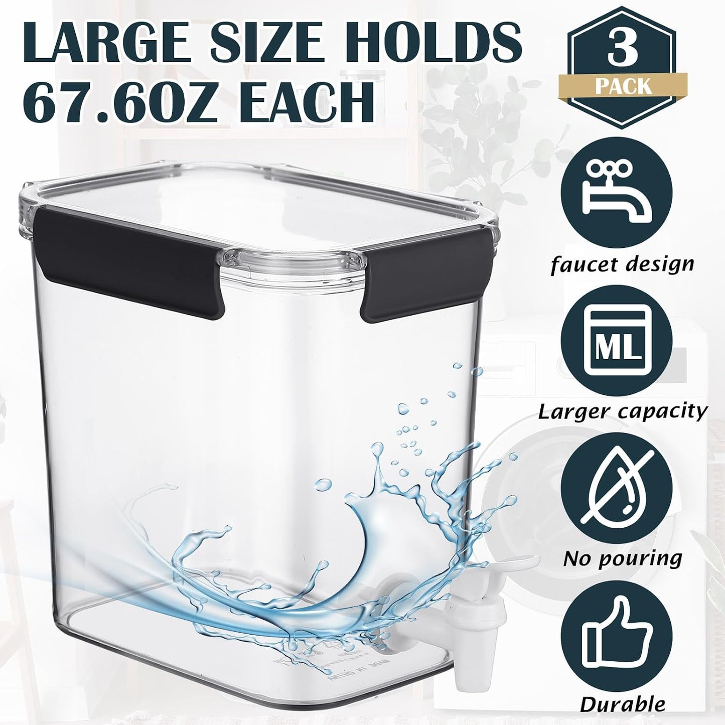 Soaoo 3 Set 67.6 oz Liquid Laundry Detergent Dispenser with Faucet and Cup Holder Labels Plastic Fabric Softener Container Detergent Drip Catcher for Laundry Room Washing Soap
