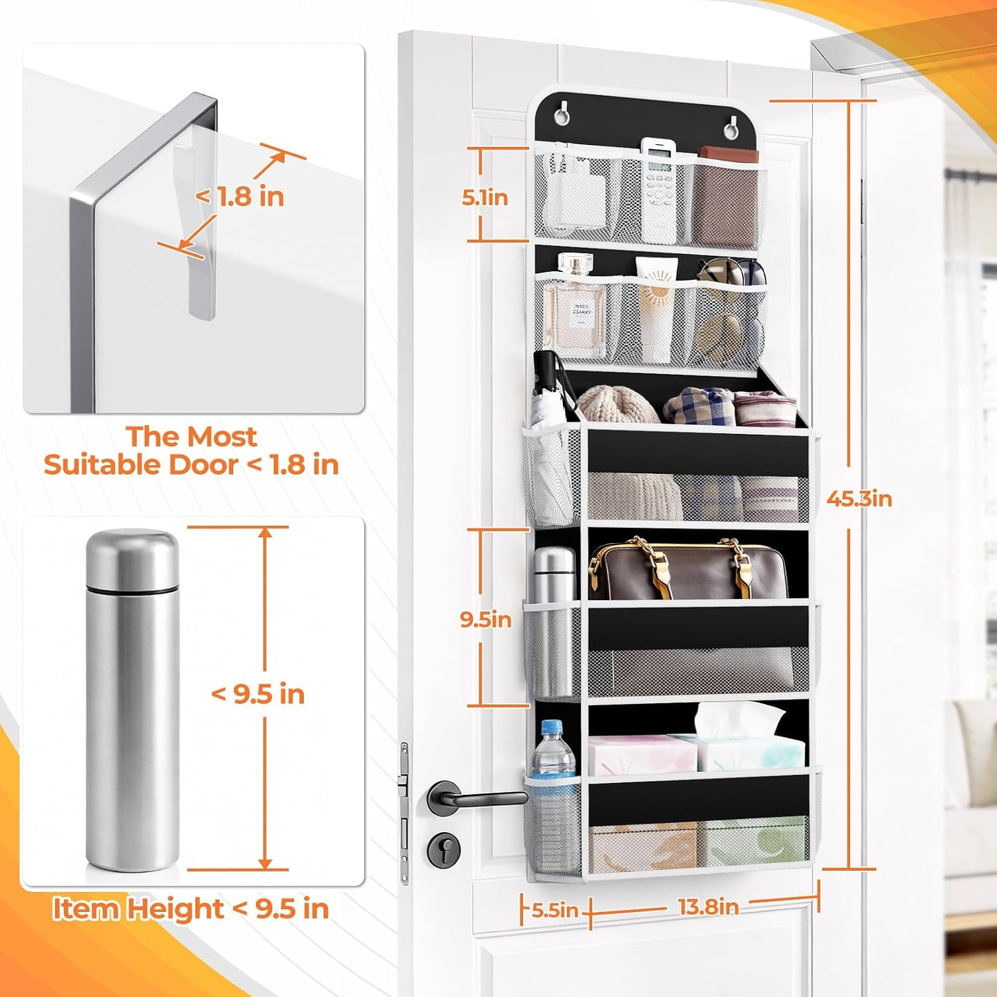 SpaceHacks 5-Tier Over the Door Organizer with Mesh Pockets, Baby Nursery Storage for Closet, Bathroom and Bedroom, Adjustable Hanging Closet Organizer for Cosmetics, Books and Essentials (Dark Grey)