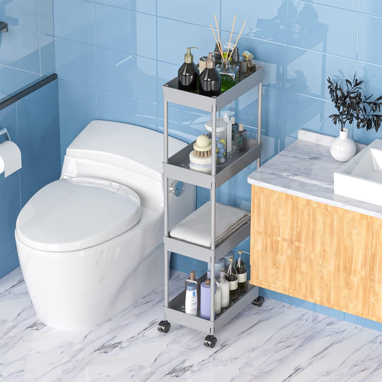 Sooyee 3 Tier Rolling Cart with Wheels, Slim Storage Cart, Under Desk Narrow Rolling Utility Cart Storage Organizer for Office Bathroom Kitchen Laundry Room Narrow Places, White, Plastic and Metal