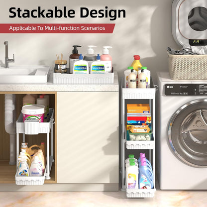 Sevenblue 4-Pack 2-Tier Under Sink Organizer with Pull Out Drawers | Multi-use kitchen & bathroom storage. Includes hanging hooks and cups. Black, space-saving cabinet design.