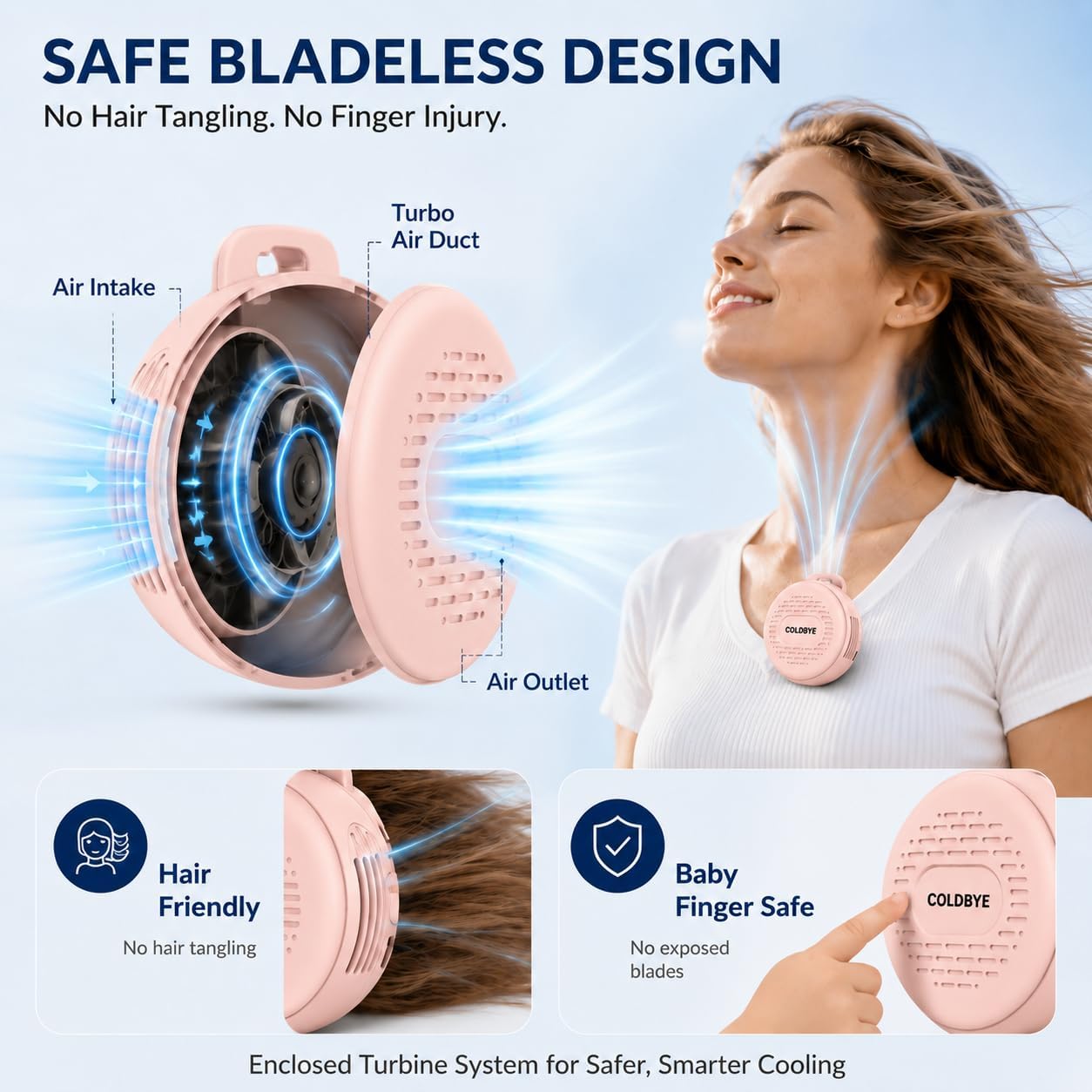 ColdBye Bladeless Shirt Clip Fan for Waist & Clothing, Wearable Personal Cooling Fan with 3 Speeds, USB-C Rechargeable Hands-Free Mini Portable Fan for Work, Travel, Camping & Outdoor Activities