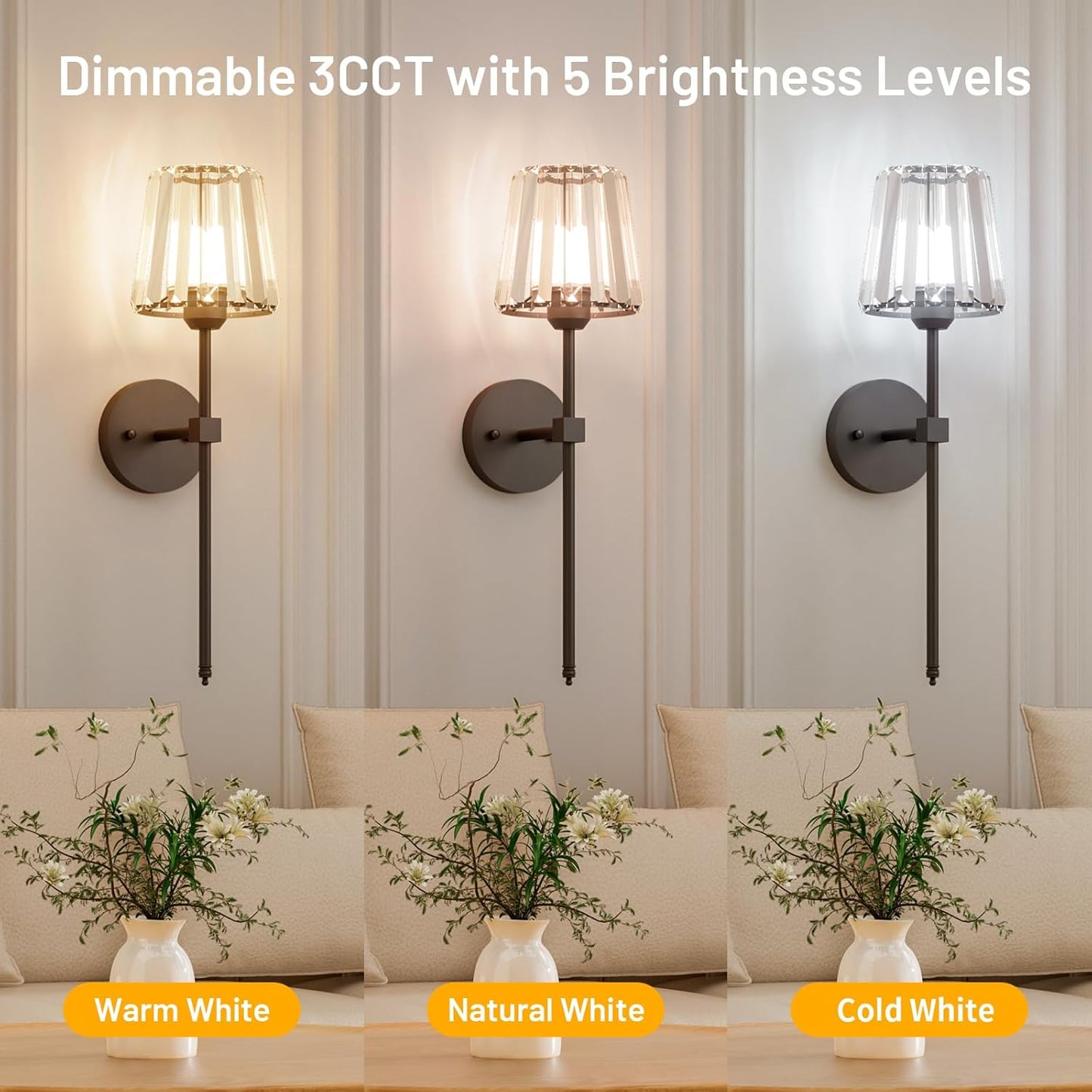 Crystal Battery Operated Wall Sconces Set of 2, Gold Rechargeable Wireless Wall Sconce Lights with Crystal Lampshade, 12 RGB and 3CCT Dimmable Wall Lamps with Remote for Bedroom Living Room Hallway