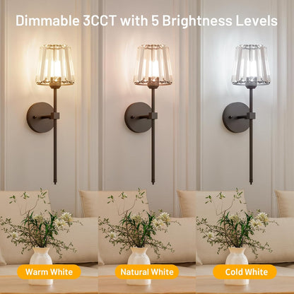Crystal Battery Operated Wall Sconces Set of 2, Gold Rechargeable Wireless Wall Sconce Lights with Crystal Lampshade, 12 RGB and 3CCT Dimmable Wall Lamps with Remote for Bedroom Living Room Hallway