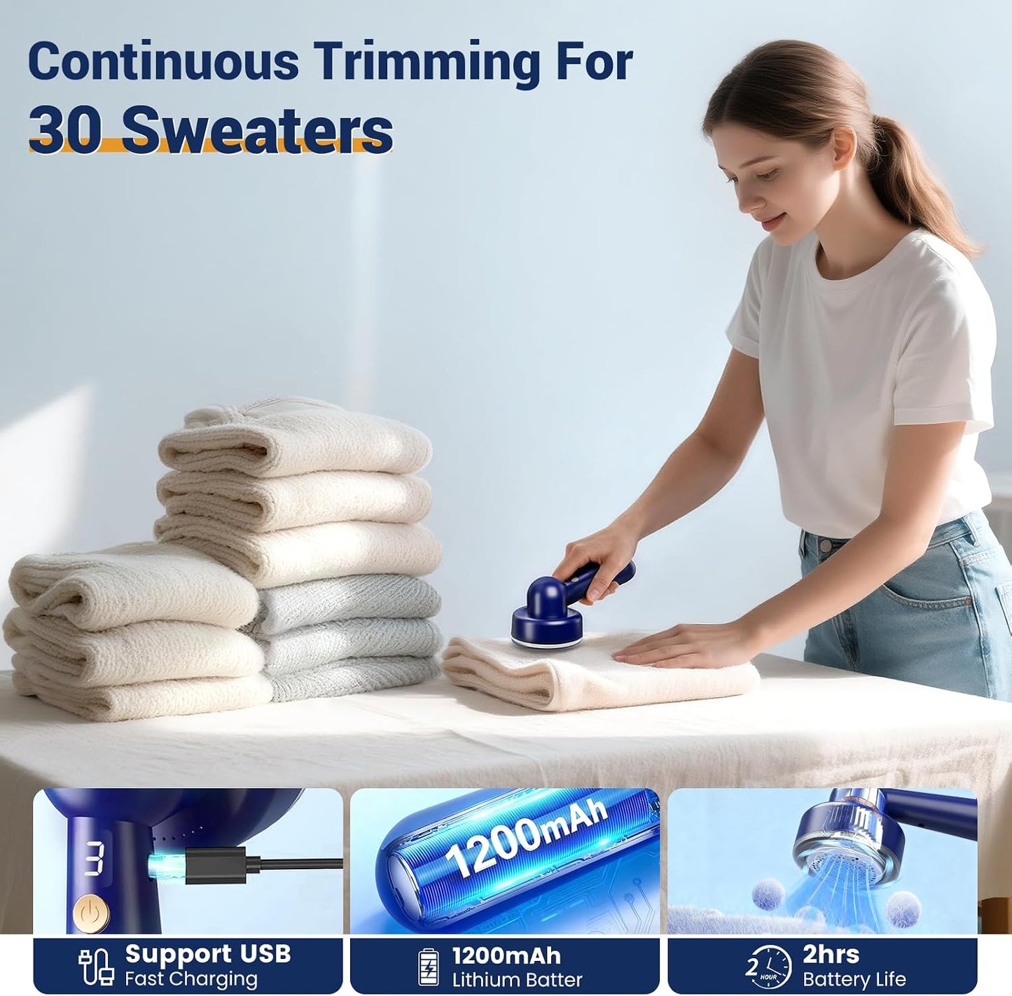 DBC Fabric Shaver & Lint Remover for Clothes, Sweaters & Furniture - 6-Leaf Blade, 3 Speeds, 2H Runtime, Portable Design Perfect for Travel, Includes 2 Extra Blades