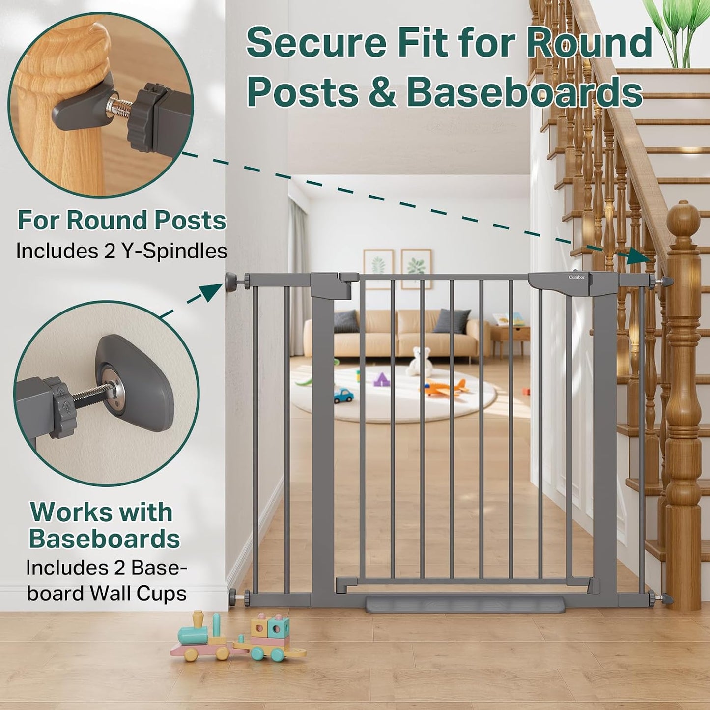 Cumbor 29.7-48" Baby Gate for Stairs, Mom's Choice Awards Winner-Dog Gate for Doorways, Auto Close Safety Pet Gate for Dogs Indoor, Easy Install Pressure Mounted Child Gate with Walk Thru Door, Brown