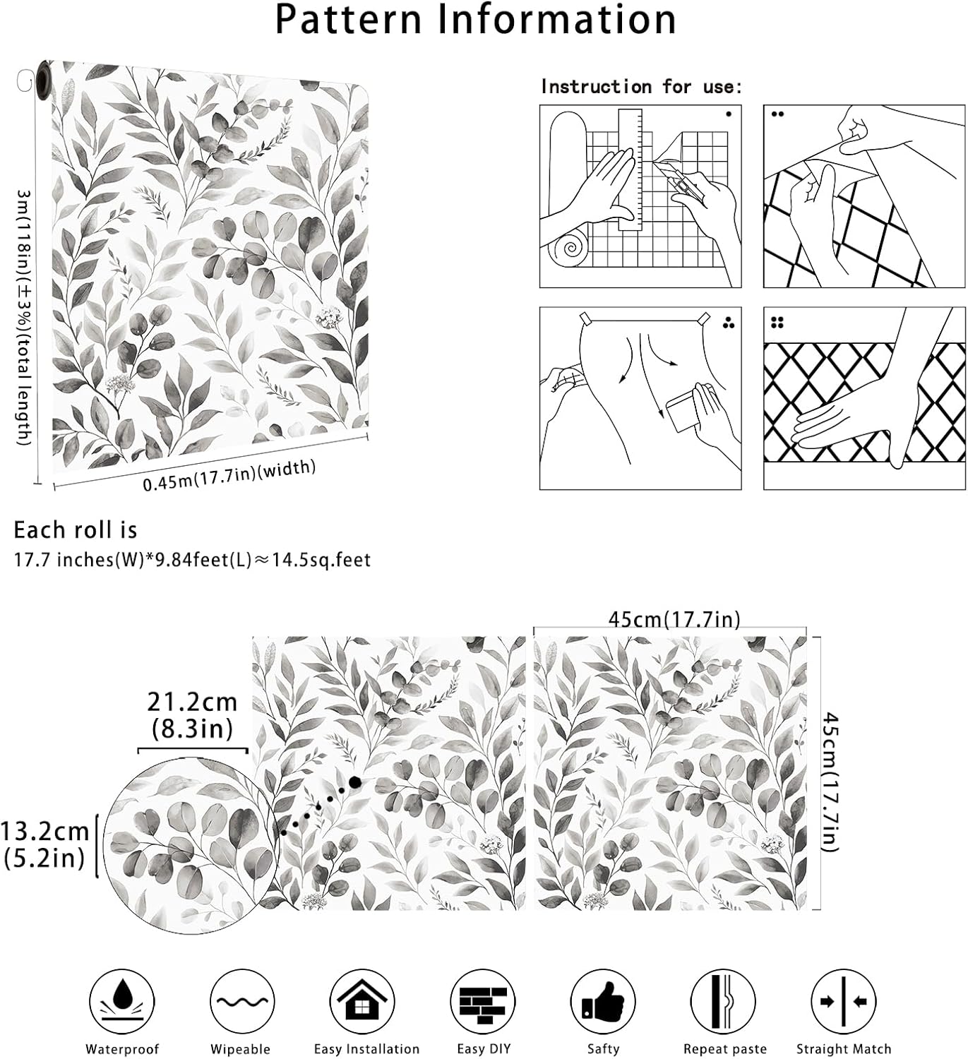 Floralplus Peel and Stick Wallpaper Boho Leaf Removable Wallpaper for Bathroom Renter Leaf Contact Paper for Locker Shelf Liner Vinyl Adhesive Wallpapers Wall Mural Decor 17.5 in x 118 in
