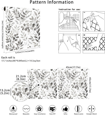 Floralplus Peel and Stick Wallpaper Boho Leaf Removable Wallpaper for Bathroom Renter Leaf Contact Paper for Locker Shelf Liner Vinyl Adhesive Wallpapers Wall Mural Decor 17.5 in x 118 in