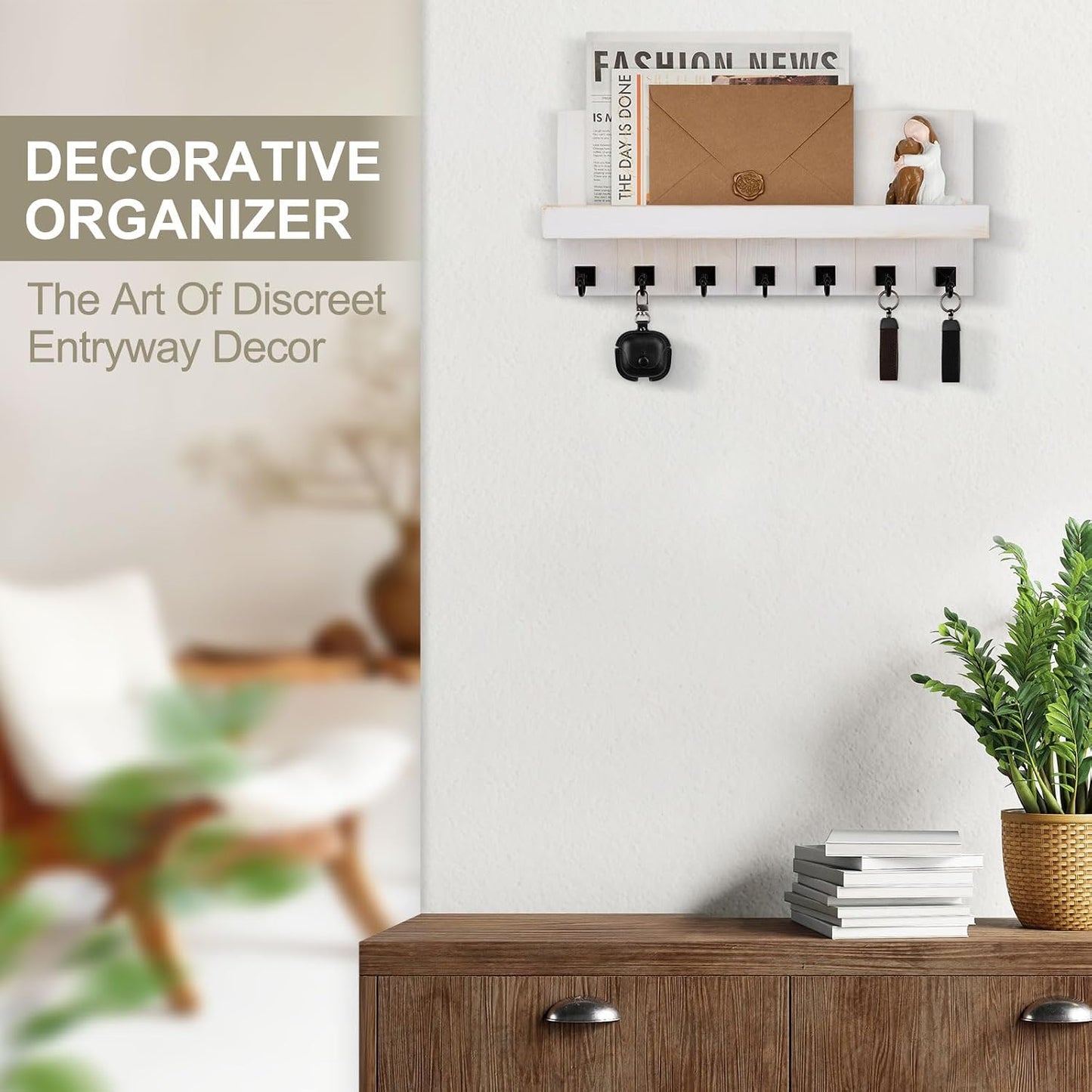 Key Holder for Wall, Decorative Key Holder with Shelf, Key and Mail Holder Wall Mount, Farmhouse Decor with 5 Key Hooks for Keys, Coats, ect.