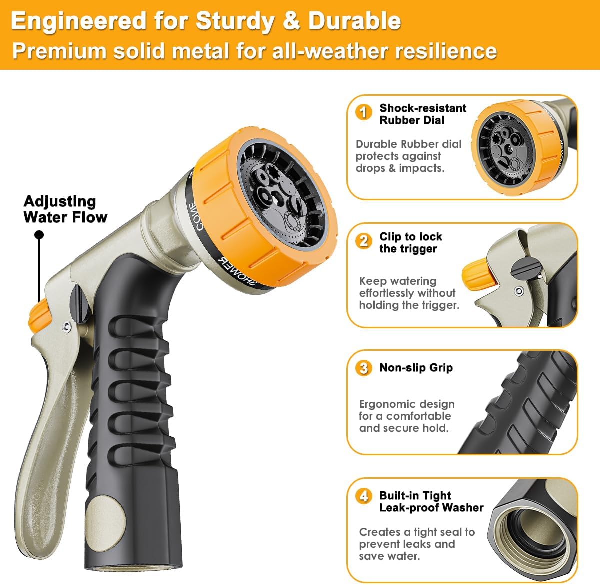 FANHAO Heavy Duty Garden Hose Nozzle, 100% Metal Rear Trigger Hose Sprayer for Garden Hose High Pressure, 7 Spray Patterns Water Hose Nozzle for Plants Watering, Cars Washing & Pets Bathing