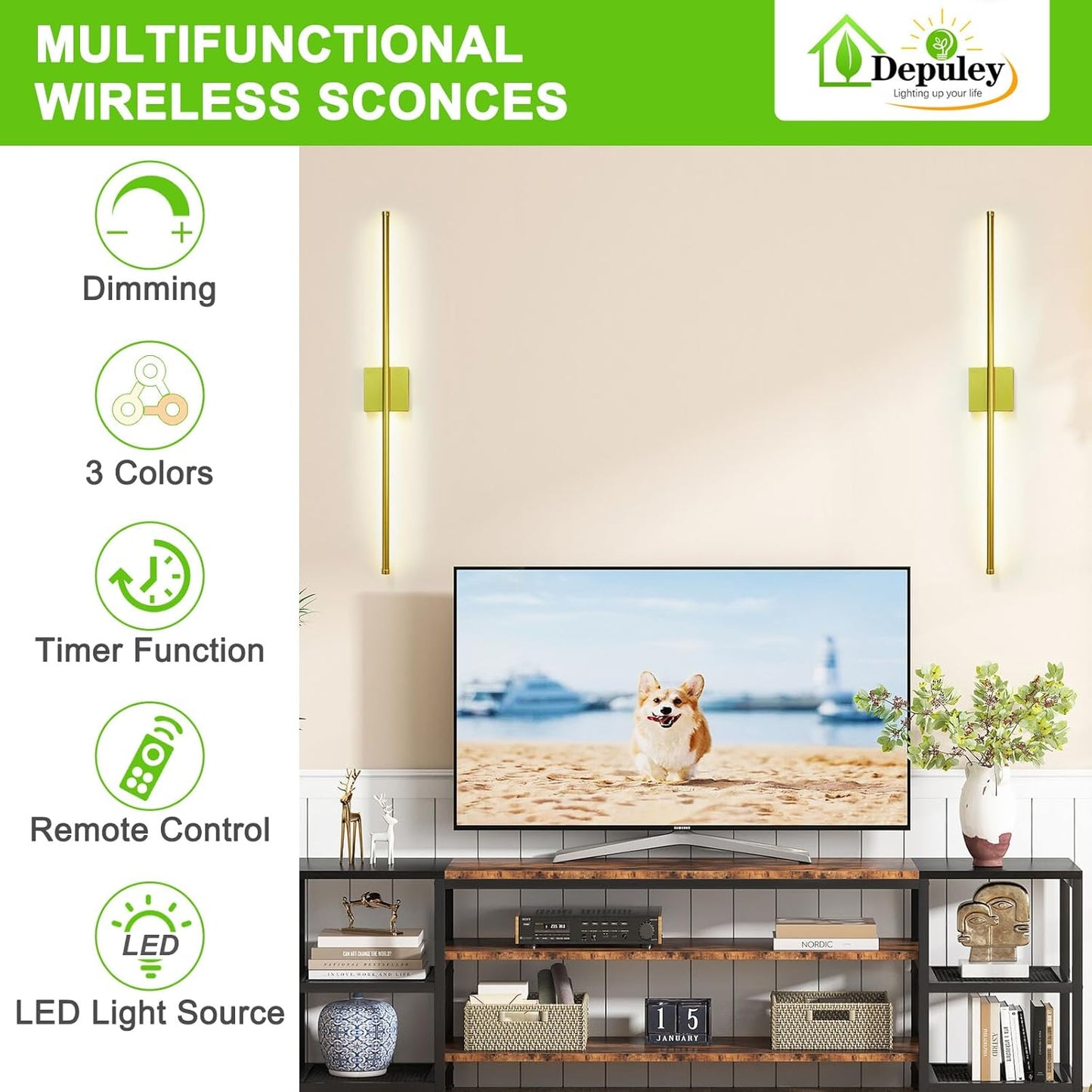 Depuley Battery Operated Wall Sconce: Set of 2 Wireless Wall Lights with 10000mAh Dimmable Bulbs and Remote for Bedroom - Rechargeable 15 Colors Gold Wall Lamp for Living Room Hallway
