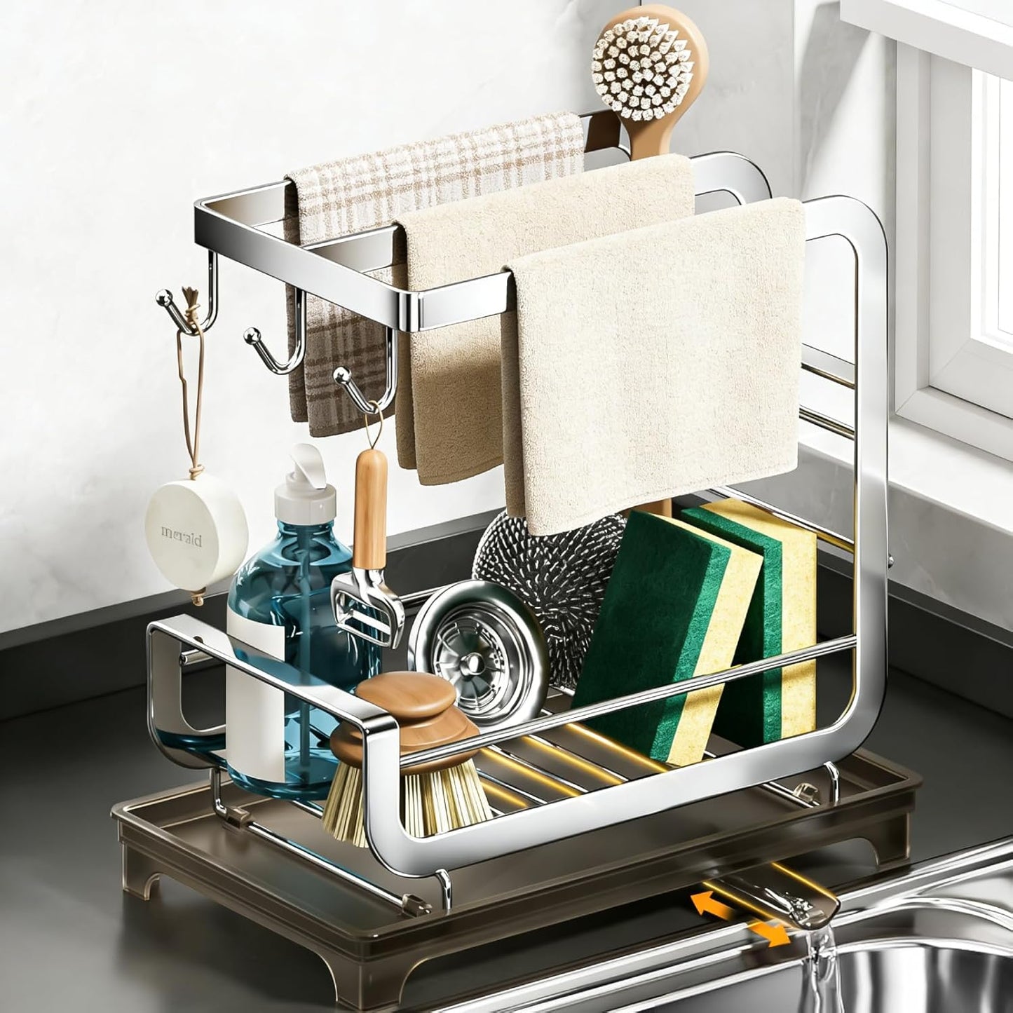 PureBox Sponge Holder for Kitchen Sink with Auto-Drain, 2-Tier Extra-Wide 3-Bar Stainless Steel Rustproof Sink Organizer & Sink Caddy, Countertop Must-Have with Removable Drip Tray (9.45" x 6.5")