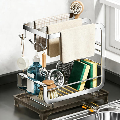 PureBox Sponge Holder for Kitchen Sink with Auto-Drain, 2-Tier Extra-Wide 3-Bar Stainless Steel Rustproof Sink Organizer & Sink Caddy, Countertop Must-Have with Removable Drip Tray (9.45" x 6.5")