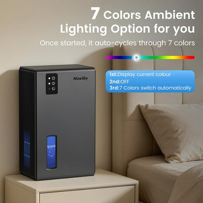 NineSky Dehumidifiers for Home, 1000 Sq.Ft Dehumidifier with 95oz Water Tank, Quiet Dehumidifier for Basement Bathroom Bedroom with 7-Color Ambient Light & Auto Shut Off, Sliver
