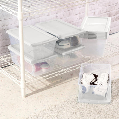 Sterilite 6 Pack Storage Box, 41 Quart Stackable Tote, Clear Plastic Container with Secure Snapping White Lids for Home and Office Organization