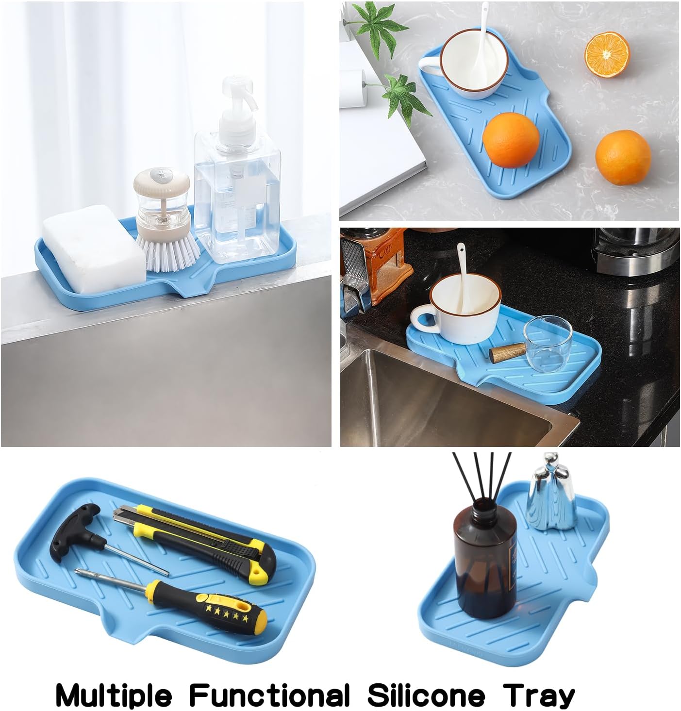 MicoYang Silicone Bathroom Soap Dishes with Drain Spout-Bathroom and Kitchen Sink Organizer,Sponge Holder,Dish Soap Tray,Perfect for Dispenser,Scrubber,Bottle,Cup on Sink or Counter-Coffee 4.9"×3.2"