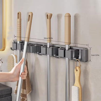 Broom Holder Wall Mount Movable Hooks and Clips Mop and Broom Hanger Wall Mounted Aluminum Garage Tool Organizer Storage Adhesive (Silver: 5 clips with 6 hooks)