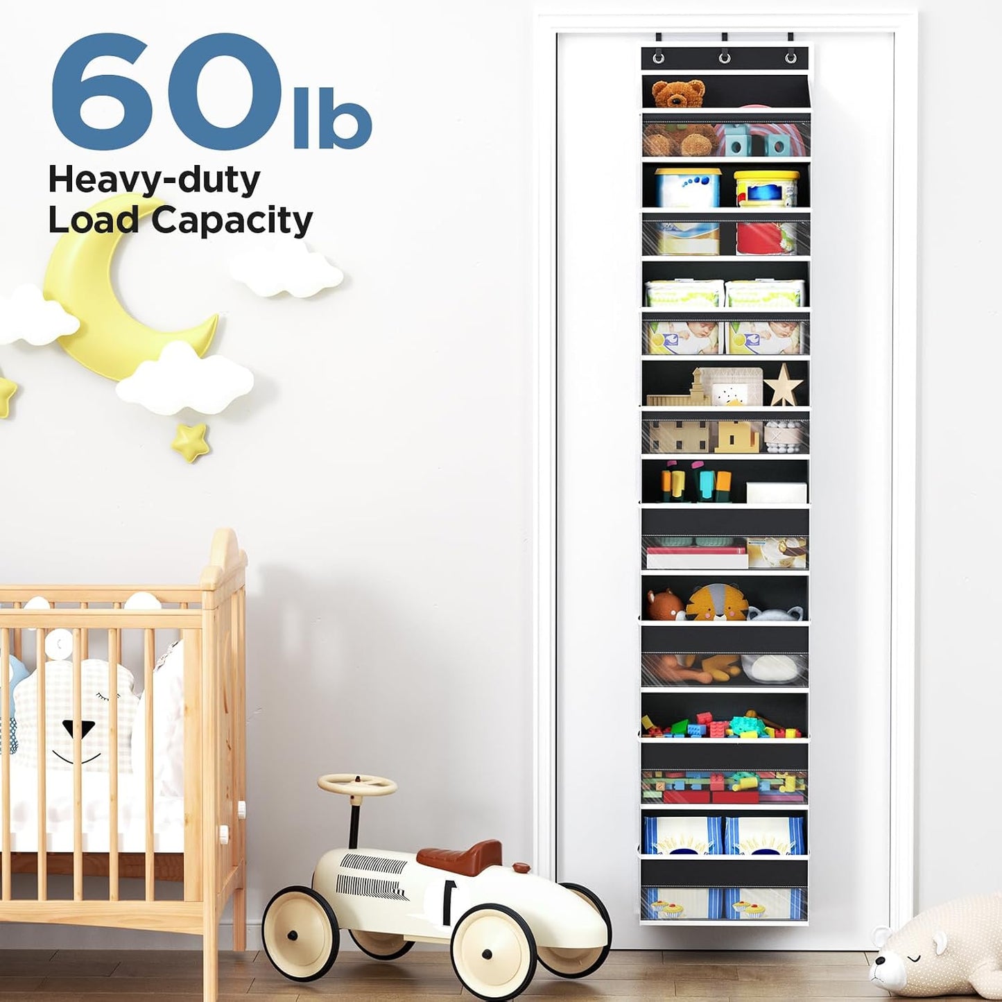 6 Tiers Over The Door Organizer, Heavy Duty Hanging Organizer Storage with Large Capacity Pockets, Behind Door Storage Hanging Shelves for Closet Wall Bathroom Bedroom Nursery Pantry, 1 Pack Grey