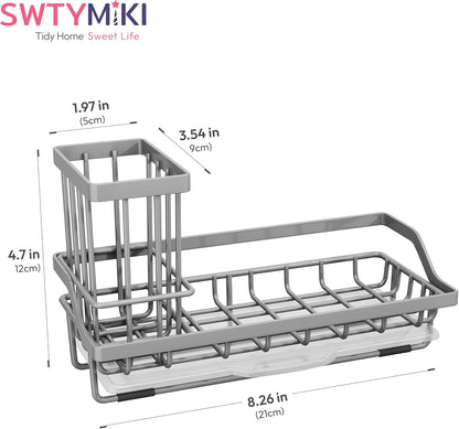 SWTYMIKI Sink Caddy Sponge Holder - Kitchen Sink Organizer with High Brush Holder for Countertop to Hold Dish Soaps and Sponges, Stainless Steel, Black