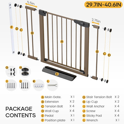 Cumbor 29.7-48" Baby Gate for Stairs, Mom's Choice Awards Winner-Dog Gate for Doorways, Auto Close Safety Pet Gate for Dogs Indoor, Easy Install Pressure Mounted Child Gate with Walk Thru Door, Brown