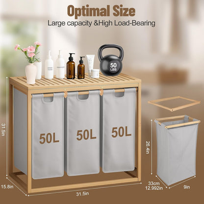 Bamboo Laundry Hamper 3 Section with Lid, 150 L Laundry Sorter with Pull-Out Removable Washable Bags, 3 × 12.5 Gal Divided Laundry Baskets for Laundry Room, Bathroom (Gray)