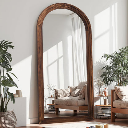 Antok Full Length Mirror with Solid Wood Frame, 71"×32" Wall Mounted Oversized Floor Mirror with Stand, Leaning Standing Hanging for Bedroom Living Room Entryway, Walnut, Arched Syle
