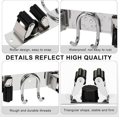 Broom Holder Wall Mount, Stainless Steel Mop Hanger with 4 Slots 6 Hooks, Tool Storage Wall Organizer for Kitchen Garden Garage Laundry Room Bathroom and RV, Black 1-Pack