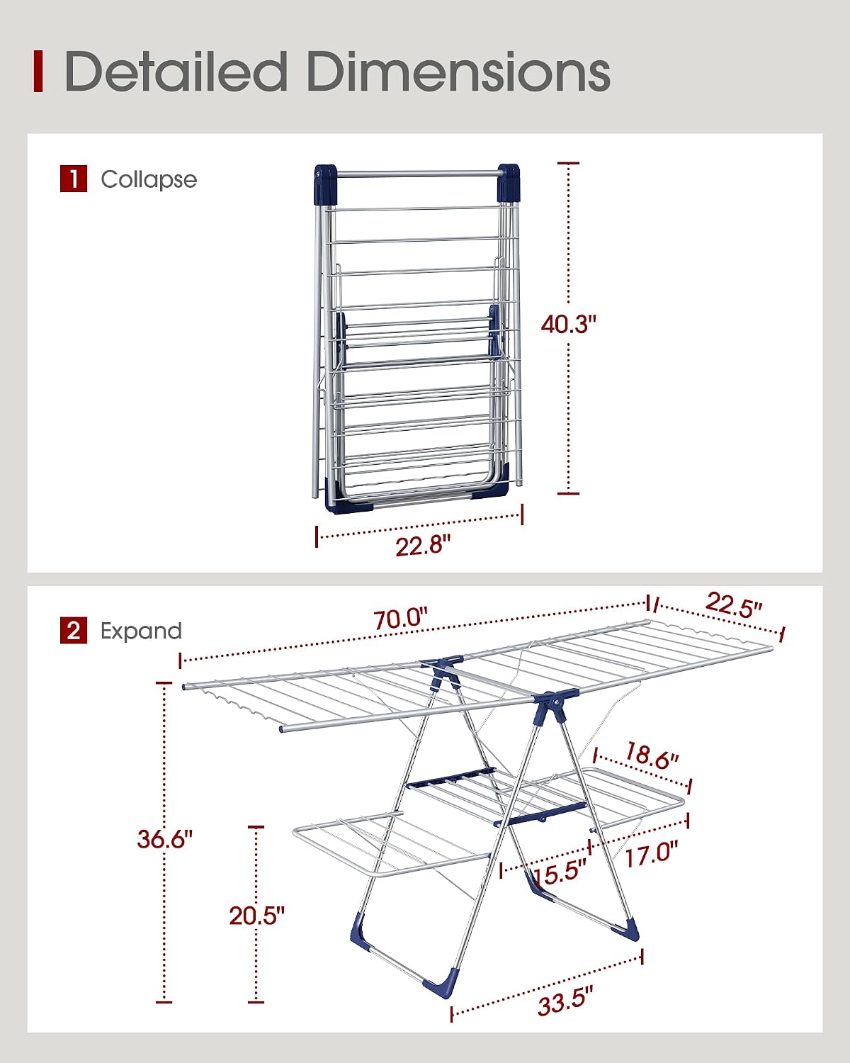 Sakugi Clothes Drying Rack, Foldable 2-Level Laundry Drying Rack with Height-Adjustable Wings, for Clothing & Bedding, Free-Standing Space-Saving Rack, Indoor & Outdoor, 55.5" L × 22.8" W, Gray