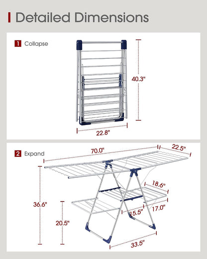 Sakugi Clothes Drying Rack, Foldable 2-Level Laundry Drying Rack with Height-Adjustable Wings, for Clothing & Bedding, Free-Standing Space-Saving Rack, Indoor & Outdoor, 55.5" L × 22.8" W, Gray