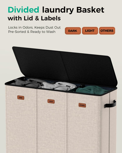 185L Laundry Hamper 3 Section with Lid & Removable Bags | Collapsible laundry basket organizer for laundry room, bedroom & dorm with 3 removable washing bags