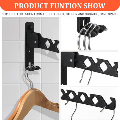 2 Pack Wall Mount Coat Hanger Holder Black Clothes Drying Organizer Rack Garment Hooks Aluminium Retractable Folding Indoor Wall Mounted Hanger Space Saver for Laundry Room Bedroom Black