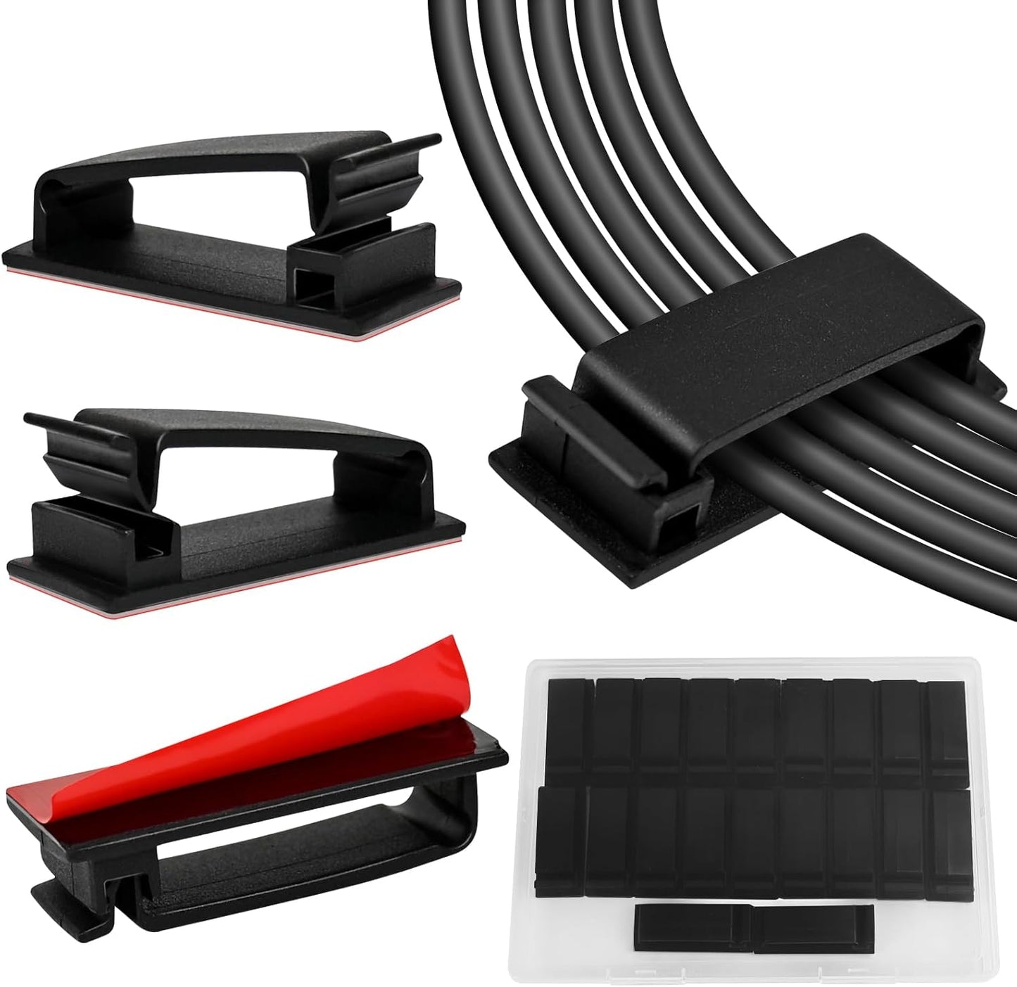 Self Adhesive Cable Management Clips, Line Clips, Cable Organizers, TV PC Line Clips, Ethernet Cable Clips Under Desks - Durable PA66 Material, Easy to Install (Black) (20)