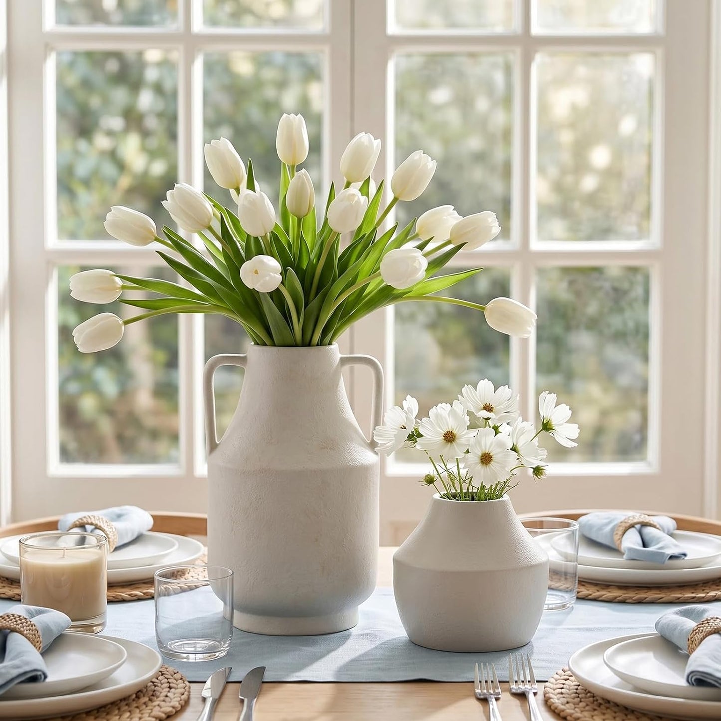 CUCUMI Ceramic Vase Set of 5, Home Decor Farmhouse Décor Handmade Pottery Vases for Pampas Grass, Dried Fresh Flowers, Table, Living Room, Kitchen, Shelf, Entryway Mantel Neutral Tones