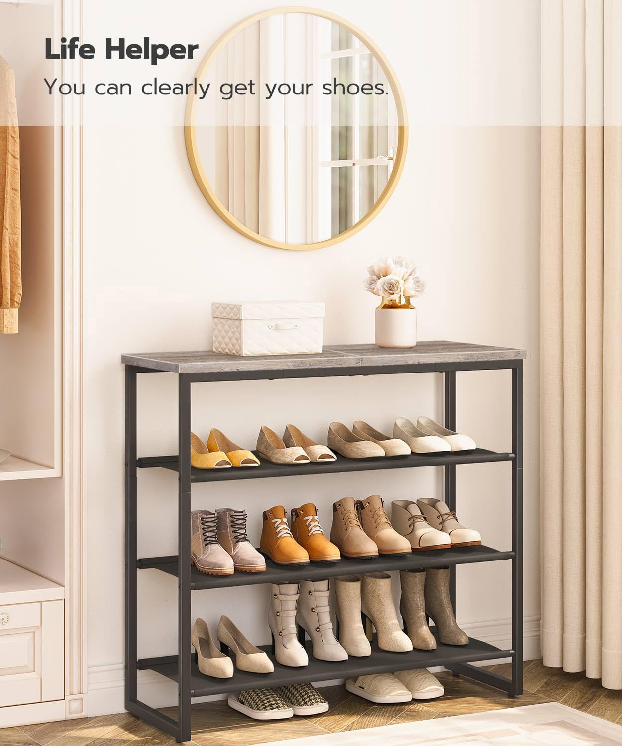 HOOBRO Shoe Rack, 4 Tier Shoe Storage Organizer with 3 Oxford Fabric Shelves and Top Panel, Holds 12-16 Pairs of Shoes for Entryway and Closet, Industrial, Rustic Brown BF47XJ01G1