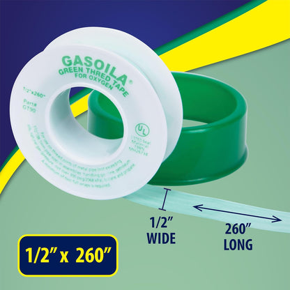 Gasoila Green PTFE Thread Seal Tape – Professional-Grade High-Density Thread Tape for Oxygen Lines – Leak-Proof Seal, Non-Toxic (1/2 Inch x 260 Inch Roll)