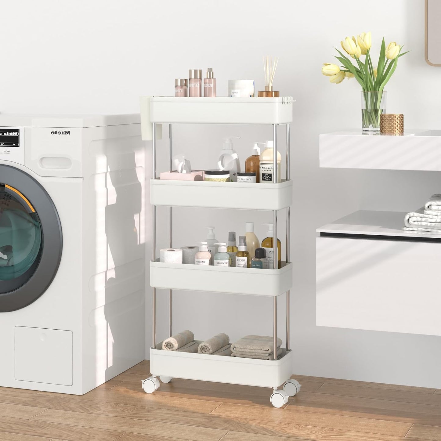 VECELO Storage Rolling Cart, 4 Tier Utility Cart Kitchen Slim Mobile Storage Unit Organizers with Wheels Hooks&Hanging Cups for Bedroom Bathroom Office Table Side in Narrow Places, White