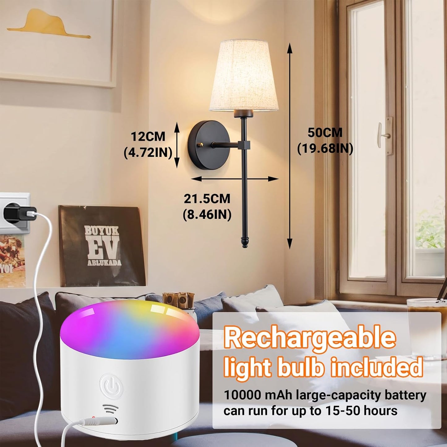 Battery Operated Wall Sconce Set Of Two with Remote Control, Indoor Not Hardwired Dimmable Battery Operated Wall Sconce Light Fixture with Fabric Linen Shade For Bedroom Living Room, Bulb Included ( C