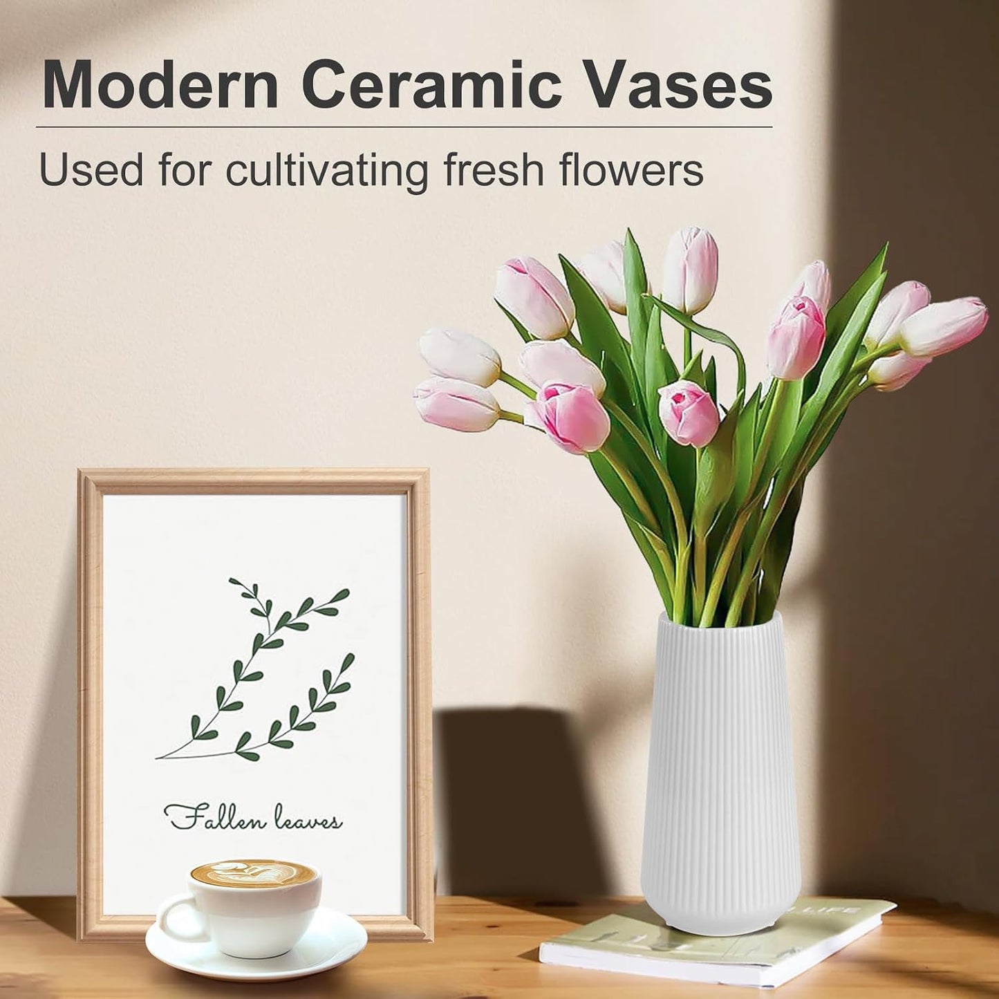 White Ceramic Vase, GUKJOB Small Cute Flower Vase for Pampas Grass, Home, Living Room, Dining Table, Farmhouse, Office Decor, Bedroom, Table, and Kitchen Shelf (White- 2PCS)