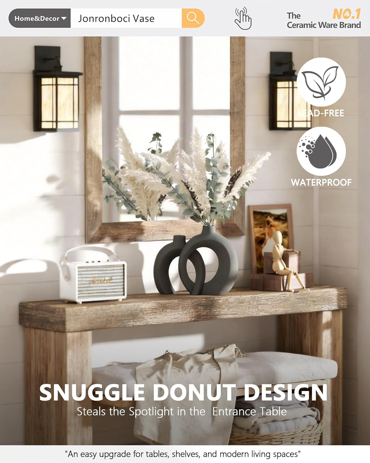 7.2″Hx8.9″H Donut Shape Decorative Vase Set of 2, Ceramic, Modern Minimalism Styles, Flowers or Plant Table Vases for Home Decor Living Room Shelf Entry Console Mantle Dining Centerpiece (Matte White)