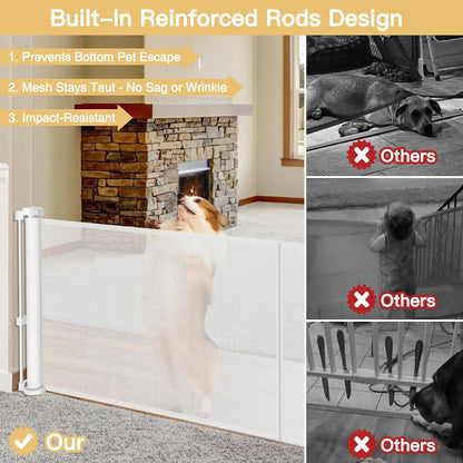 Reinforced 28-Inch Tall Retractable Baby Gates for Doorways, Walk Through Pet Gate for Stairs, Short Baby Gate with Support Rods, 55 Inch Wide Mesh Gate Retractable Gate Small Dog Gate, Gray
