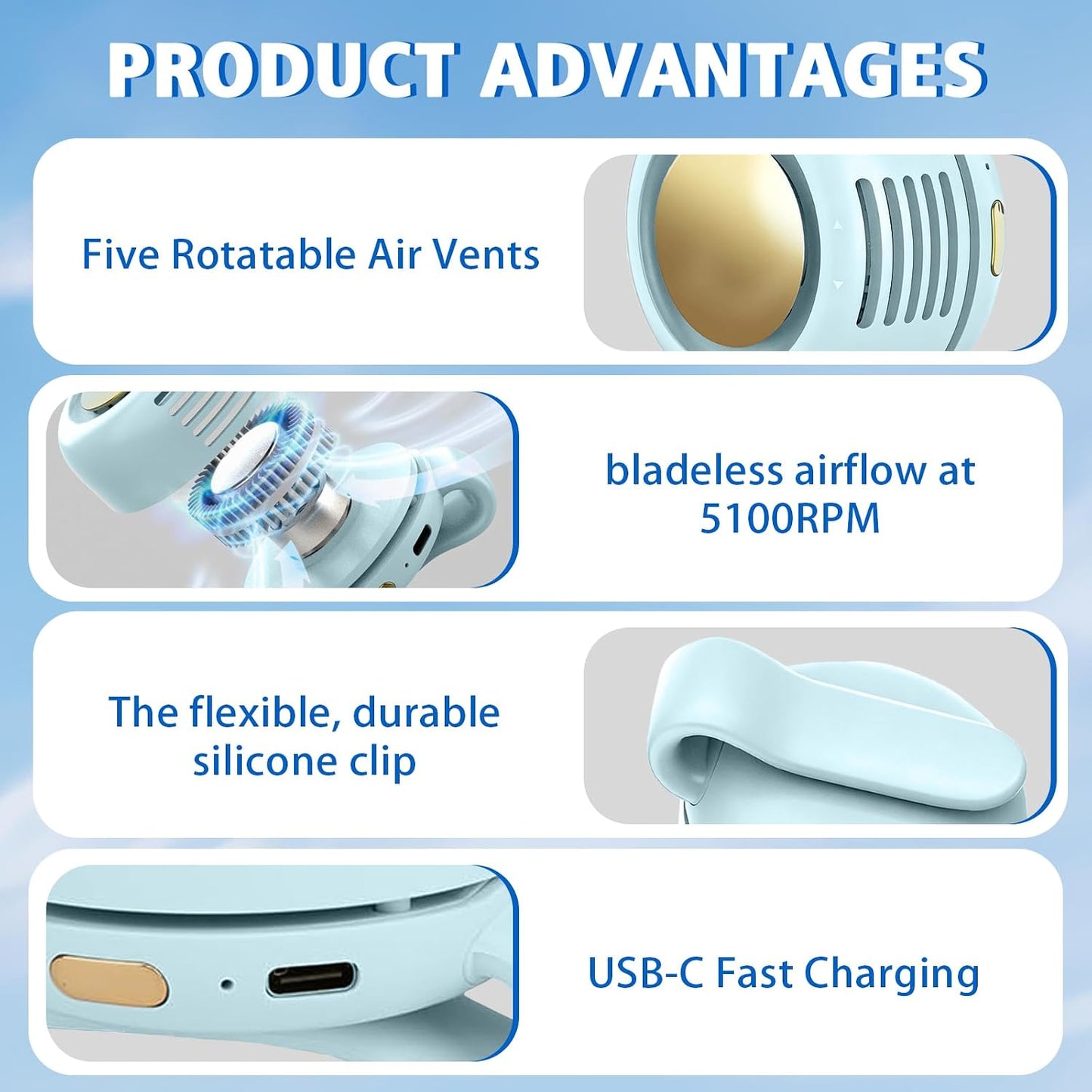 Portable Fan,2-in-1 Waist Clip On Bladeless, Ultra-Quiet Mini Personal Neck Fan 3 Speeds with 360°Adjustable Clip USB Rechargeable for Hiking,Office & Outdoor