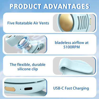 Portable Fan,2-in-1 Waist Clip On Bladeless, Ultra-Quiet Mini Personal Neck Fan 3 Speeds with 360°Adjustable Clip USB Rechargeable for Hiking,Office & Outdoor