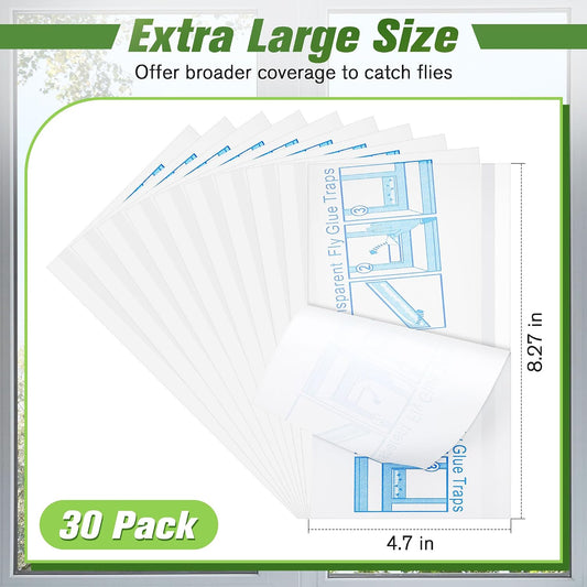Qualirey 30 Pack XL Window Fly Traps for Indoors, Extra Large Fly Paper Sticky Strips, Waterproof & Non Toxic Clear Sticky Traps for Windows, Bug Catcher for House, Kitchen and Office(15"×3")