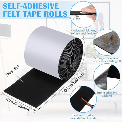 Zonon 4 Rolls 120 Inch Felt Strip with Adhesive Backing Felt Tapes Furniture Strip Rolls Self Stick Heavy Duty Polyester for Protecting Furniture and DIY Adhesive(Black,0.5 Inch)