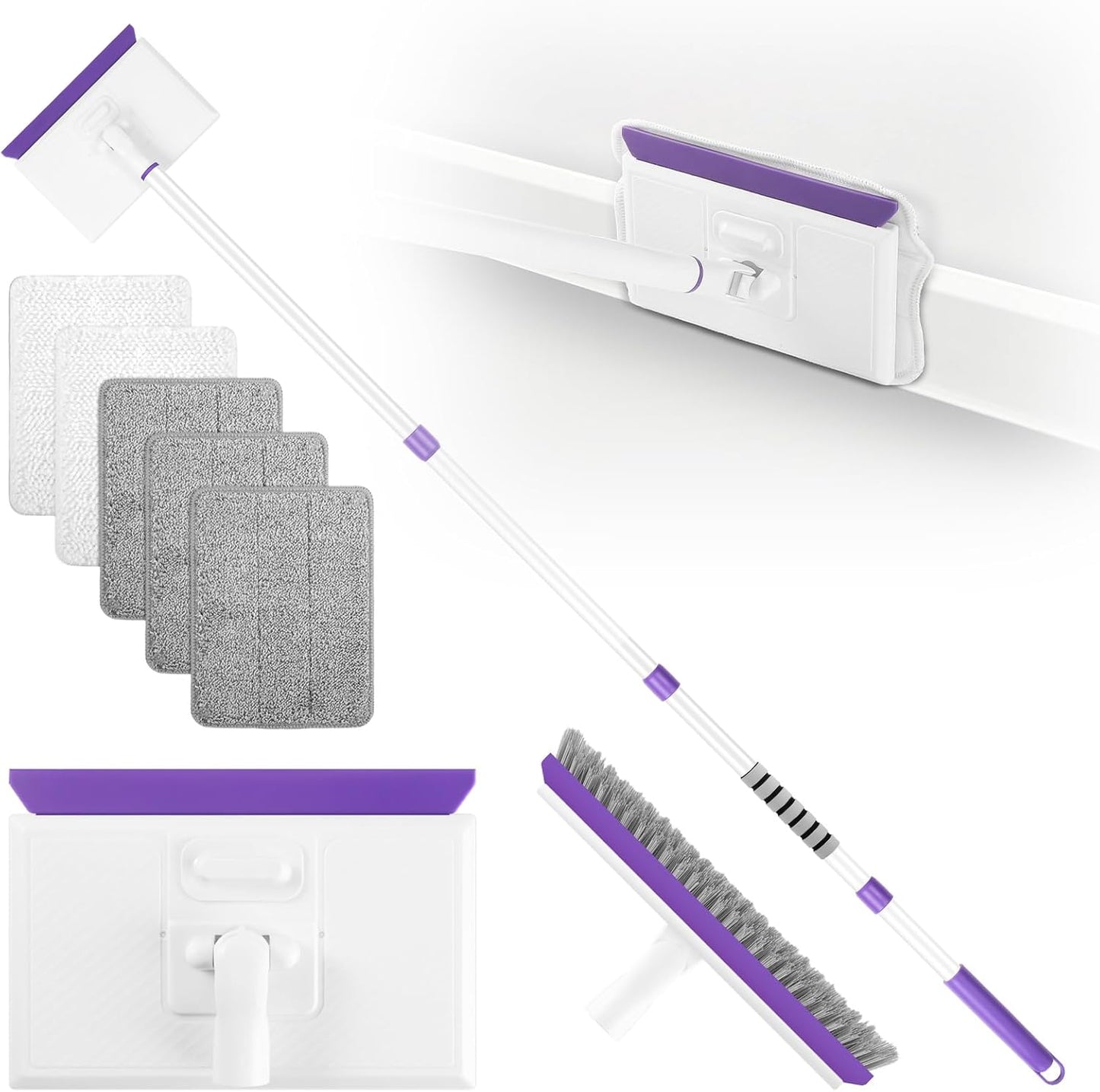 wlich Baseboard Cleaner Tool with Handle 2.0, 60" Extendable Long Handle, Dust Trapping and Locking, 5 Reusable Pads, Purple Base Boards Cleaning Tool for Moldings, Wall, Floor, Bathroom, Kitchen